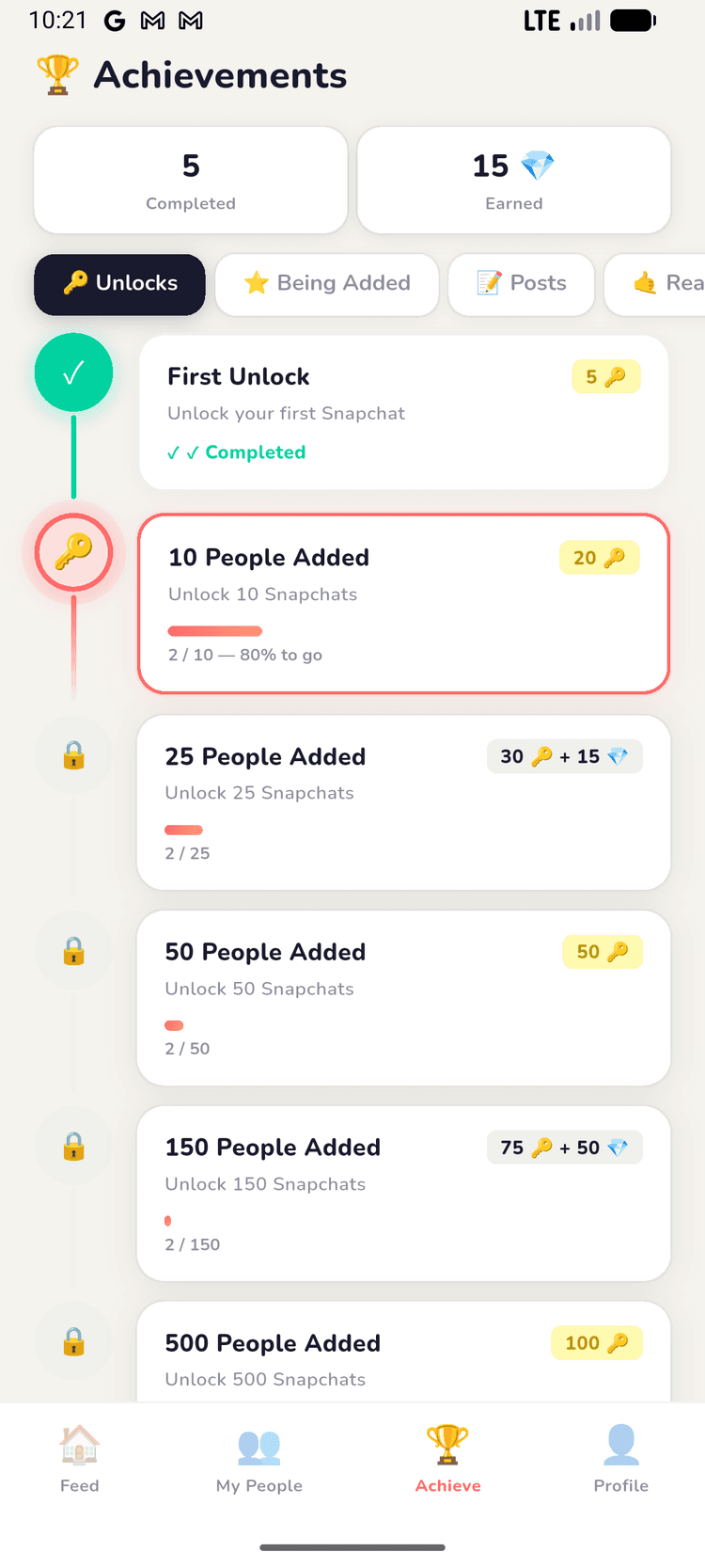 Ayoo achievements screen with milestone progress