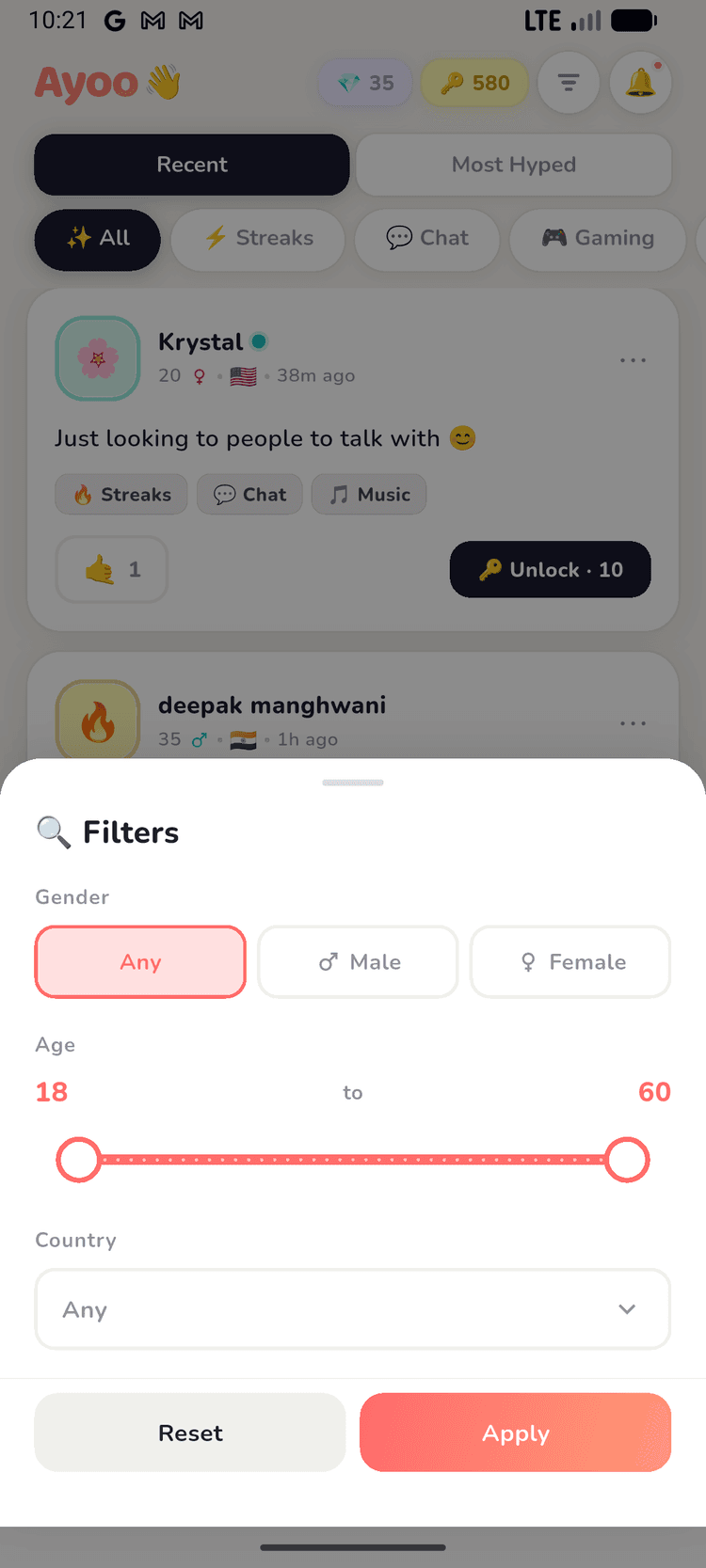 Ayoo feed with filter chips for discovering people